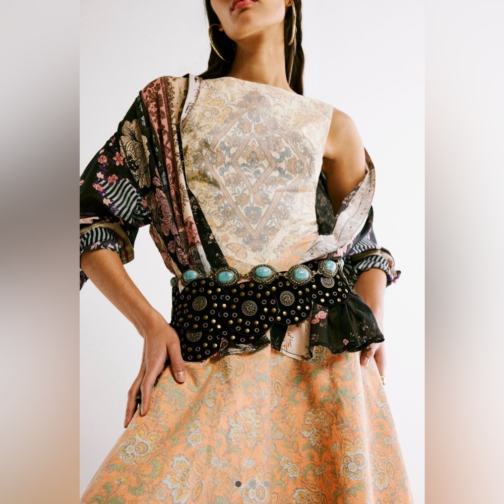 Free People Black Studded Western Belt with Turquoise Accents